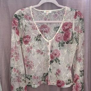 Floral Sheer Button-Front Top - Pink Rose